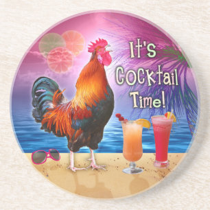 Lustige Hahn-Huhn-Cocktail-tropisches Strand-Meer Sandstein Untersetzer