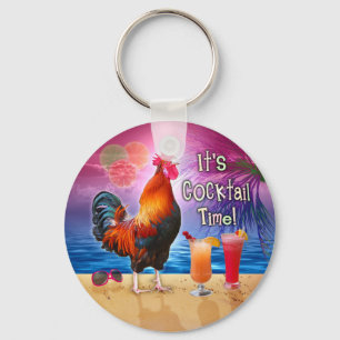 Lustige Hahn-Huhn-Cocktail-tropisches Strand-Meer Schlüsselanhänger