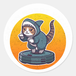 Lustige Haikatze Auf Roboter-Staubsauger Retro-Mem Runder Aufkleber
