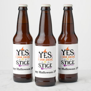 Lustige Halloween-Hexe Ja, ich kann ein Schaltgetr Bierflaschenetikett