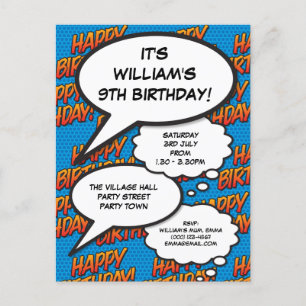 Lustige Happy Birthday Party Moderne blaue Comic Einladungspostkarte