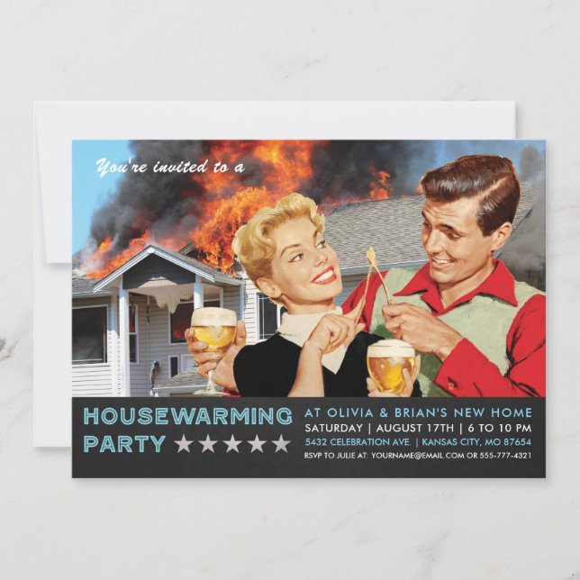 Lustige Housewarming-Party Einladungen | auf Feuer (Vorderseite)