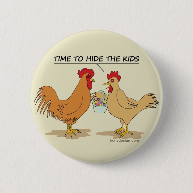 Lustige Huhn-Osterei-Jagd-Cartoon-Beige Button (Vorderseite)