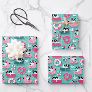 Lustige Hunde am Strand Flamingos  Geschenkpapier Set