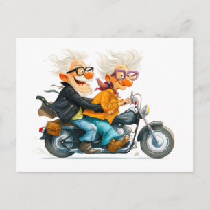 Lustige Illustration von Senioren auf Motorrad Feiertagspostkarte