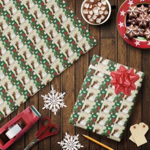 Lustige Inspektion des Weihnachtsbaums mit bunter Geschenkpapier