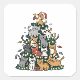 Lustige Kätzchen Weihnachtsbaum Katze Haustier Tie Quadratischer Aufkleber