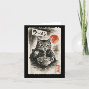 Lustige Katze, die Ramen-Nudeln isst, Sumi-e Japan Karte