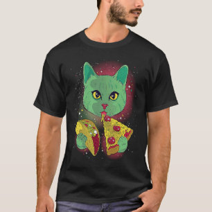 Lustige Katze, die Tacos und Pizza im Weltraum iss T-Shirt