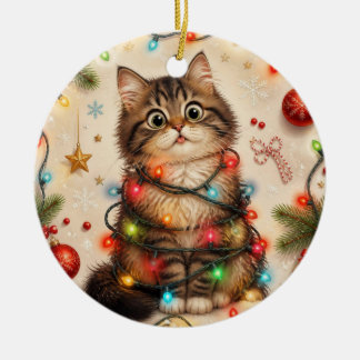 Lustige Katze eingewickelt in Weihnachtslichter-Or Keramik Ornament