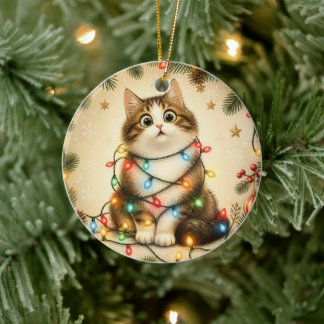 Lustige Katze eingewickelt in Weihnachtslichter-Or Keramik Ornament