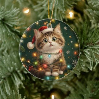 Lustige Katze eingewickelt in Weihnachtslichter-Or Keramik Ornament