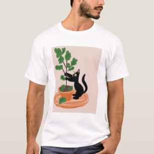 Lustige Katze Feigenbaum Topfpflanzen Handgezeichn T-Shirt