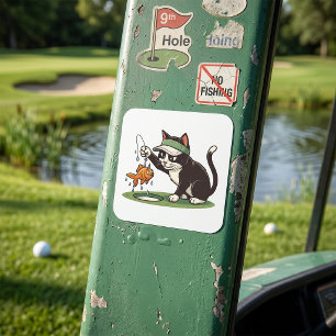 Lustige Katze Golfspieler Angeln Wasserhindernis Quadratischer Aufkleber
