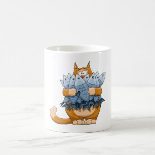 Lustige Katze hält Fisch Cartoon Hungrige Katze Kaffeetasse
