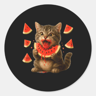 Lustige Katze isst Wassermelonen-Scheibe Wassermel Runder Aufkleber