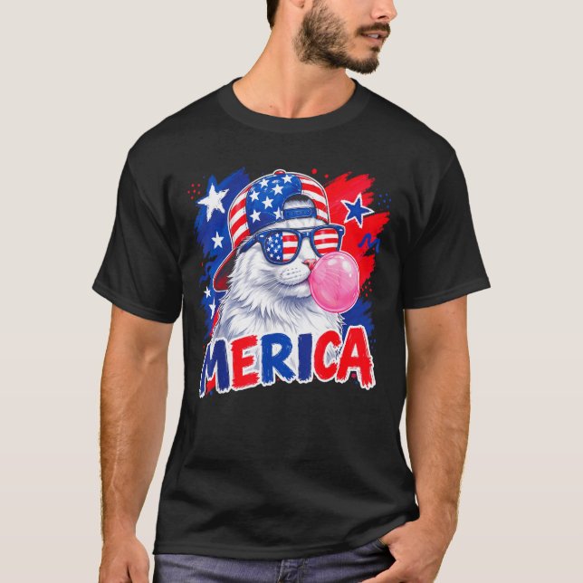 Lustige Katze Kaugummi 4. Juli Männer Frauen ameri T-Shirt (Vorderseite)