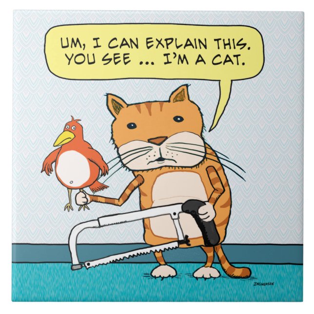Lustige Katze mit Vogel und Metallsäge Fliese (Vorderseite)
