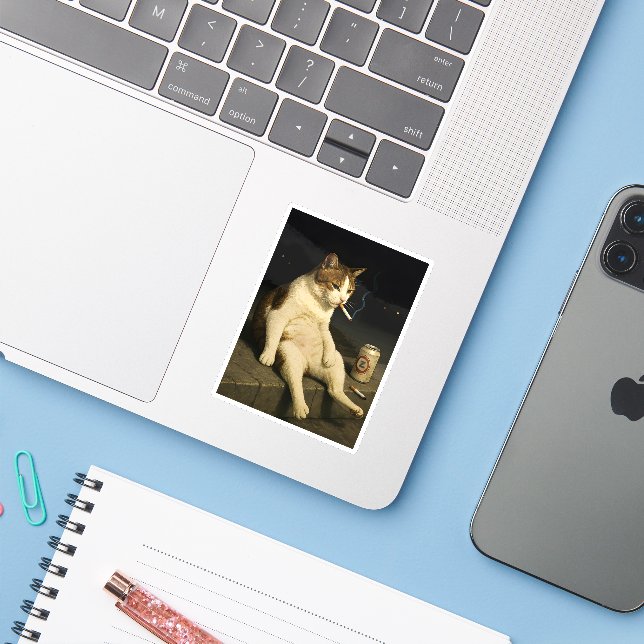 Lustige Katze mit Zigarette Gen Z Meme Aufkleber (Laptop mit iPhone)