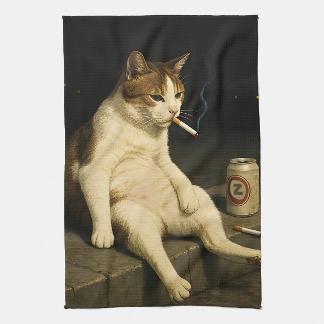 Lustige Katze mit Zigarette Gen Z Meme Geschirrtuch (Vertikal)