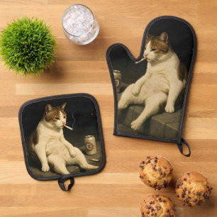 Lustige Katze mit Zigarette Gen Z Meme Ofenhandschuh & Topflappen-Set