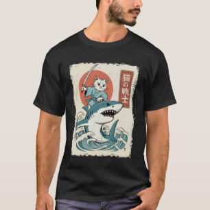 Lustige Katze reitet auf Hai japanische Ukiyo-e-Ku T-Shirt