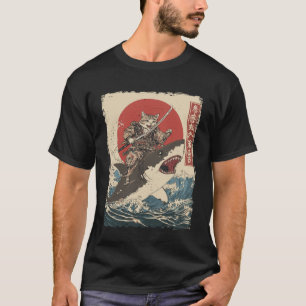 Lustige Katze reitet auf Hai japanische Ukiyo-e-Ku T-Shirt