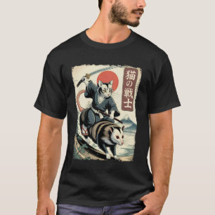 Lustige Katze reitet Opossum japanische Ukiyo-e-Ku T-Shirt