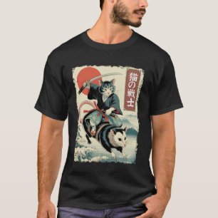 Lustige Katze reitet Opossum Japanische Ukiyo-e-Ku T-Shirt