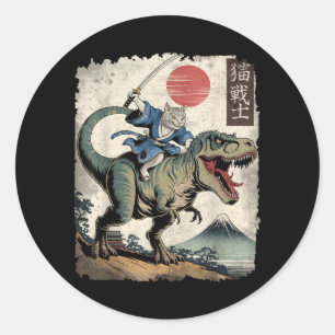 Lustige Katze reitet T Rex japanische Ukiyo-e-Kuns Runder Aufkleber