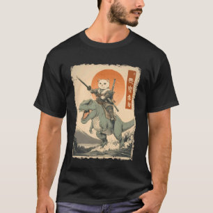Lustige Katze Reitet T-Rex Japanische Ukiyo-e Kuns T-Shirt