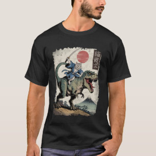 Lustige Katze reitet T Rex japanische Ukiyo-e-Kuns T-Shirt