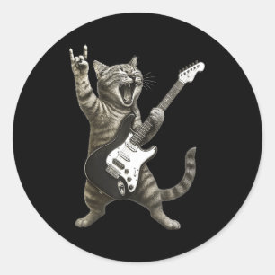 Lustige Katze spielt Gitarre Rock And Roll Männer Runder Aufkleber