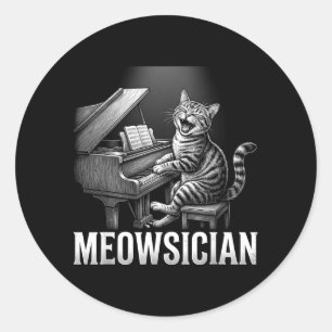 Lustige Katze spielt Klaviermusik Wortspiel Meowsi Runder Aufkleber