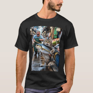 Lustige Katze stiehlt Fisch auf dem Markt Katzenli T-Shirt