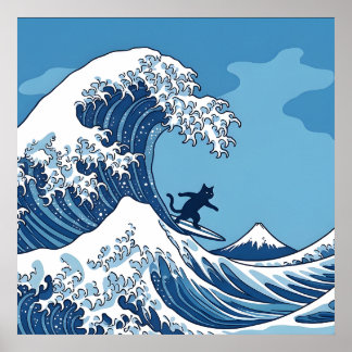 Lustige Katze surft auf der Großen Welle vor Kanag Poster