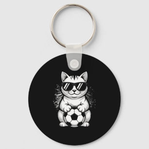 Lustige Katze trägt Sonnenbrille beim Fußballspiel Schlüsselanhänger