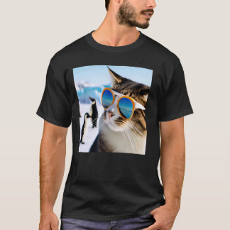 Lustige Katze trägt Sonnenbrille mit Pinguinen in T-Shirt