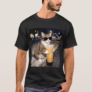 Lustige Katze trinkt eisgekühlten Kaffee Tier-Meme T-Shirt