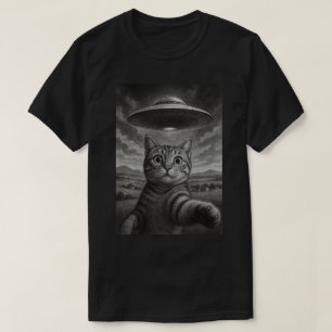 Lustige Katze UFO Selfie Schwarz-Weiß-Illustration T-Shirt