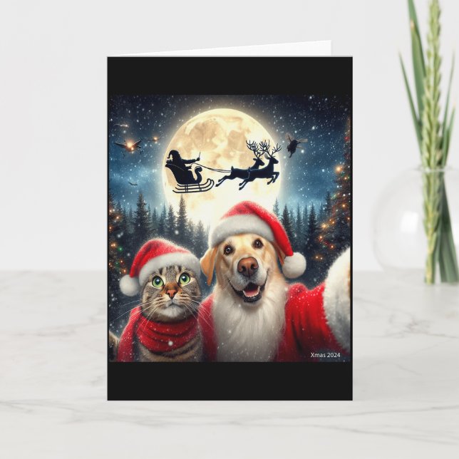 Lustige Katze und Hund Selfie mit Weihnachtsmann C Karte (Vorderseite)