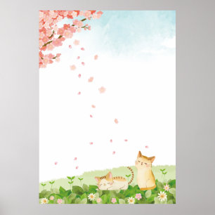 Lustige Katzen, die unter Kirschblüten singen Poster