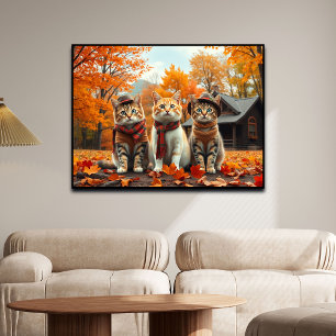 Lustige Katzen in herbstlicher Vornehm-Kleidung un Poster