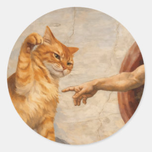 Lustige Katzen-Meme-Kunst Schöpfung Adams mit Katz Runder Aufkleber