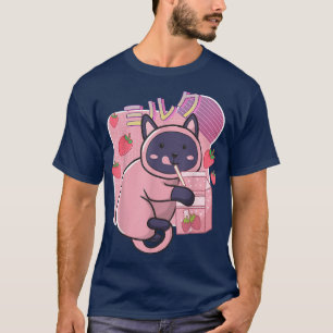 Lustige Kawaii Katze Erdbeer Milchshake Japanische T-Shirt