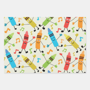 Lustige Kawaii tanzende Buntstifte mit Noten Geschenkpapier Set