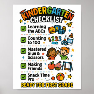 Lustige Kindergarten-Checkliste Erste Klasse Junge Poster