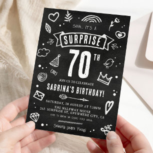 Lustige Kreidetafel-Doodle-Überraschung zum 70. Ge Einladung