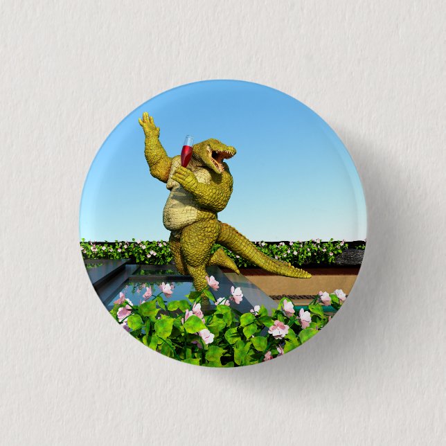 Lustige Krokodil-Champagner-Poolparty-Kunst Button (Vorderseite)