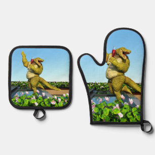 Lustige Krokodil Champagner Poolparty Kunst Ofenhandschuh & Topflappen-Set